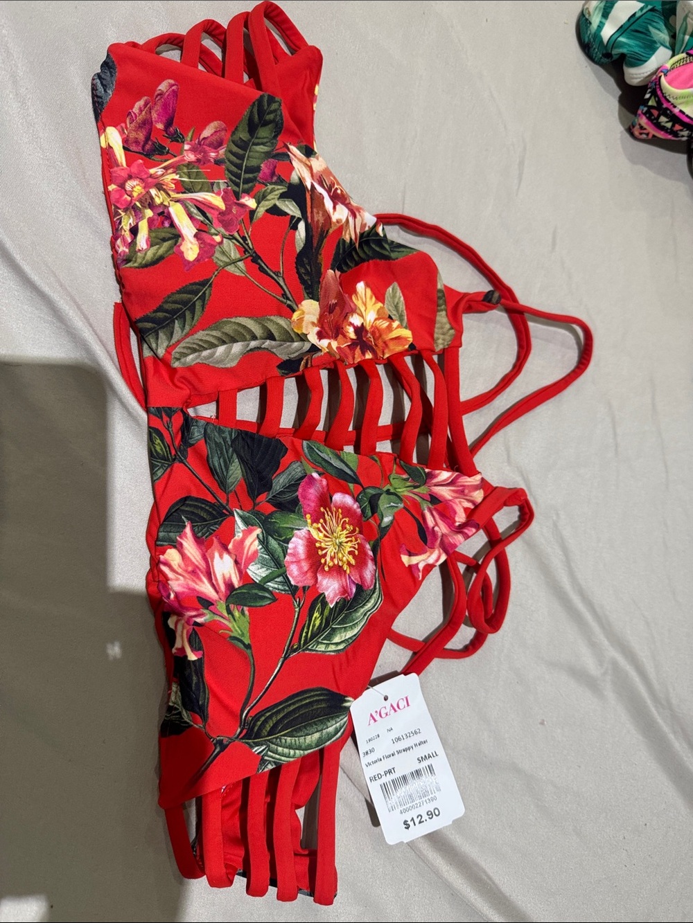a'gaci Red Floral Strappy Bikini Top